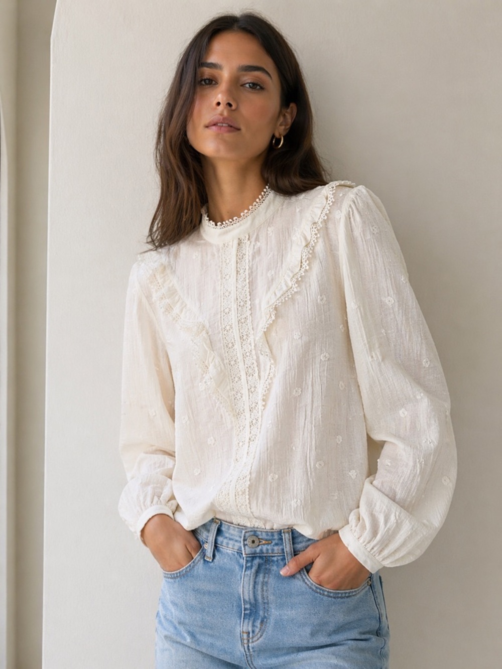 Zara White Textured Blouse with Ruffles